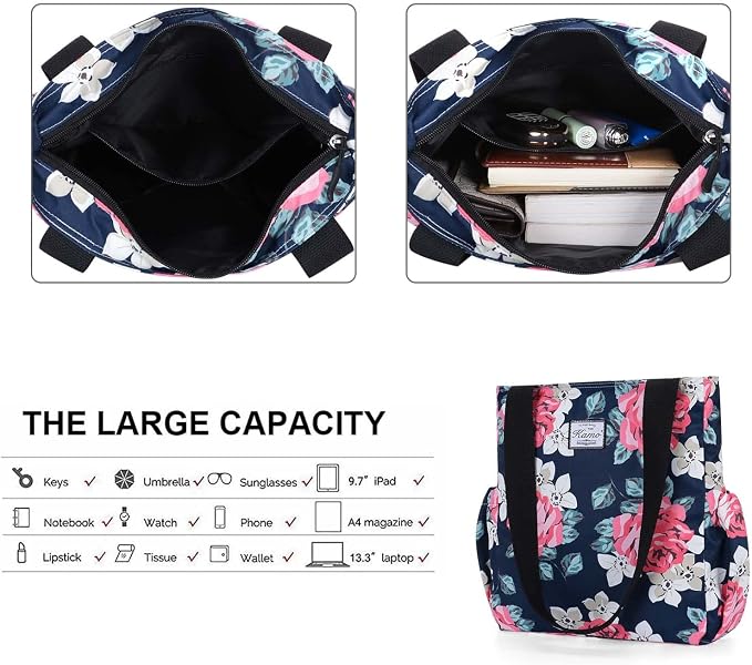 KAMO Floral Tote Bag - Waterproof Lightweight Handbags Travel Shoulder Bag for Hiking Yoga Gym Swimming Travel Beach