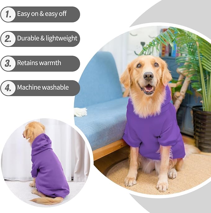 BINGPET Dog Hoodie for Large Dogs, Soft Pullover Pet Sweater | Warm Dog Sweatshirt Clothes, Winter Hooded Outfit for Girl Boy Dogs Puppy, French Pitbull Cold Weather Coats Wear, Purple L