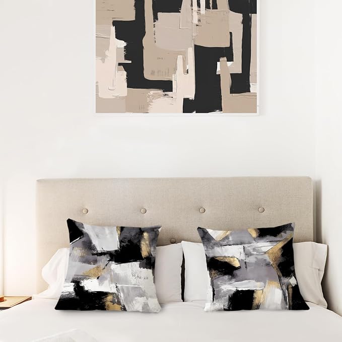 Black and White Pillow Covers, Abstract White Black and Gold Pillow Covers 16x16 Set of 2, Modern Black and White Pillow Covers for Couch Bed Living Room