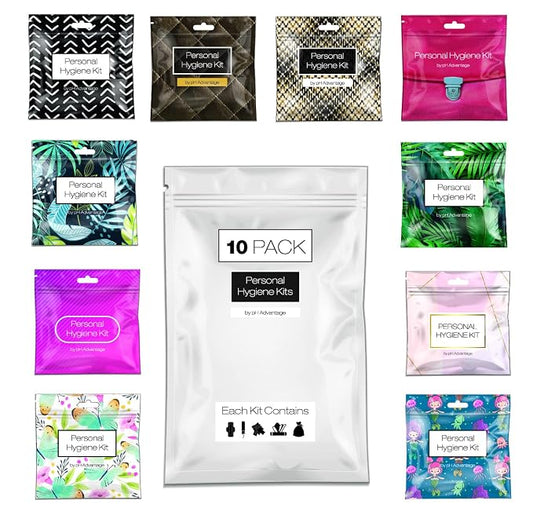 Menstrual Kit All-in-One 10 Pack - Assorted Colors | Convenience on The Go | Period Kit Pack for Travelling, Tweens & Teenager | Individually Wrapped Feminine Hygiene Product (V-3)