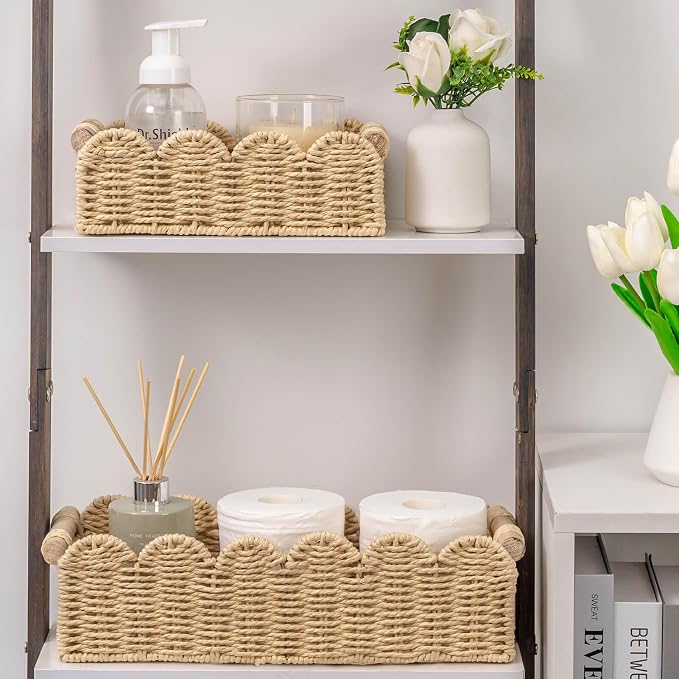 CubesLand Scalloped Toilet Paper Storage Basket W/Handle for Home Decor | Paper Rope Toilet Organizer Basket for Countertop, Over Toilet Shelf, End Table, Living Room Cozy Decorative & More, Beige