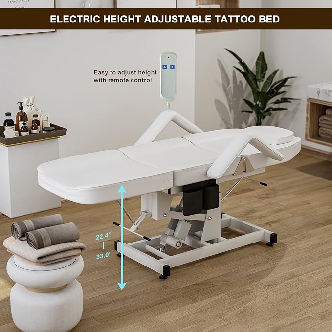 SyyBhb Electric Height Adjustable Esthetician Chair Facial Bed, 3-Section Folding Lift Tattoo Chair Bed Massage Table for Spa, Lash Extension, Microblading, Wax, Medical Treatment, White