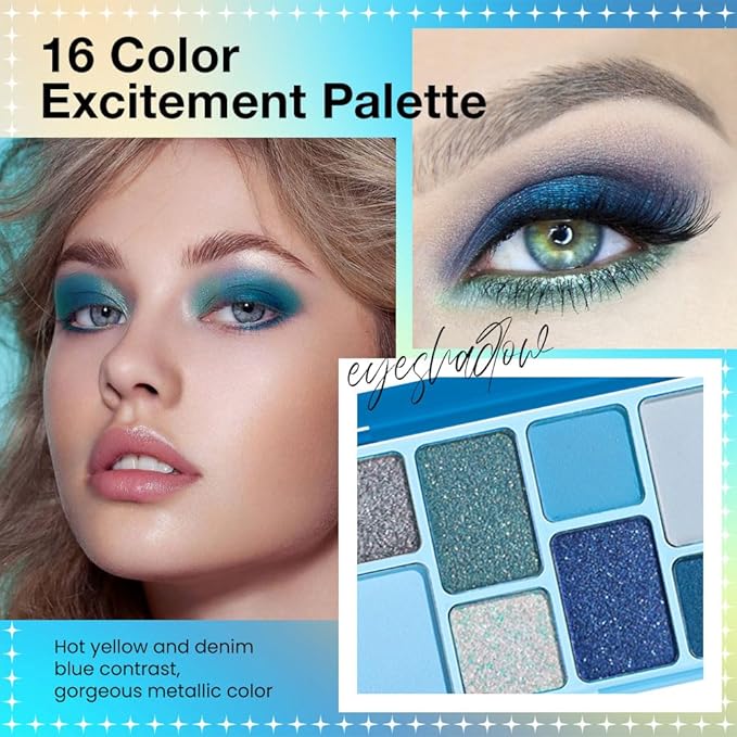 16 Colors Eyeshadow Palette,Matte&Glitter&Shimmer Eyeshadow Makeup,Naturing-Looking,High Pigment Waterproof Eye Shadow Palette Makeup, 100% Cruelty-free (02#Blue Series)
