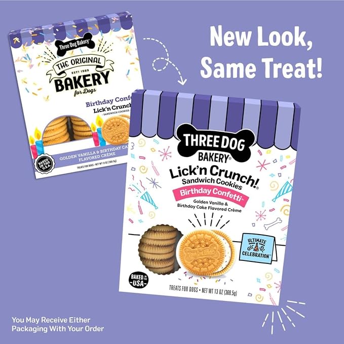 Three Dog Bakery Lick'n Crunch! Dog Treats - 13 oz | Birthday Confetti Sandwich Cookies - Crunchy Treats with Birthday Cake Creme