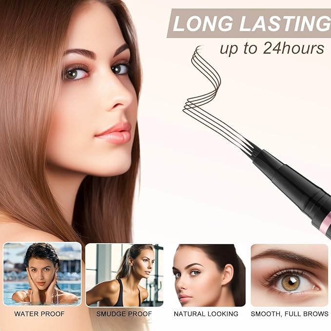 Eyebrow Pencil, 2-in-1 Waterproof Eyebrow Pen with 4 Tip Brow Pen and Ultra-Precise Brow Pencil, with Dual-ended Eyebrow Brush, Eyebrow Makeup for Natural Looking Eyebrows - Dark Brunette