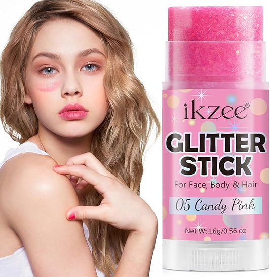 Pink Glitter Stick for Hair, Face & Body, Waterproof Chunky Glitter Makeup Gel for Singer Concert, Music Rave Festival, Non-Greasy & Long Lasting Face Glitter for Women & Men