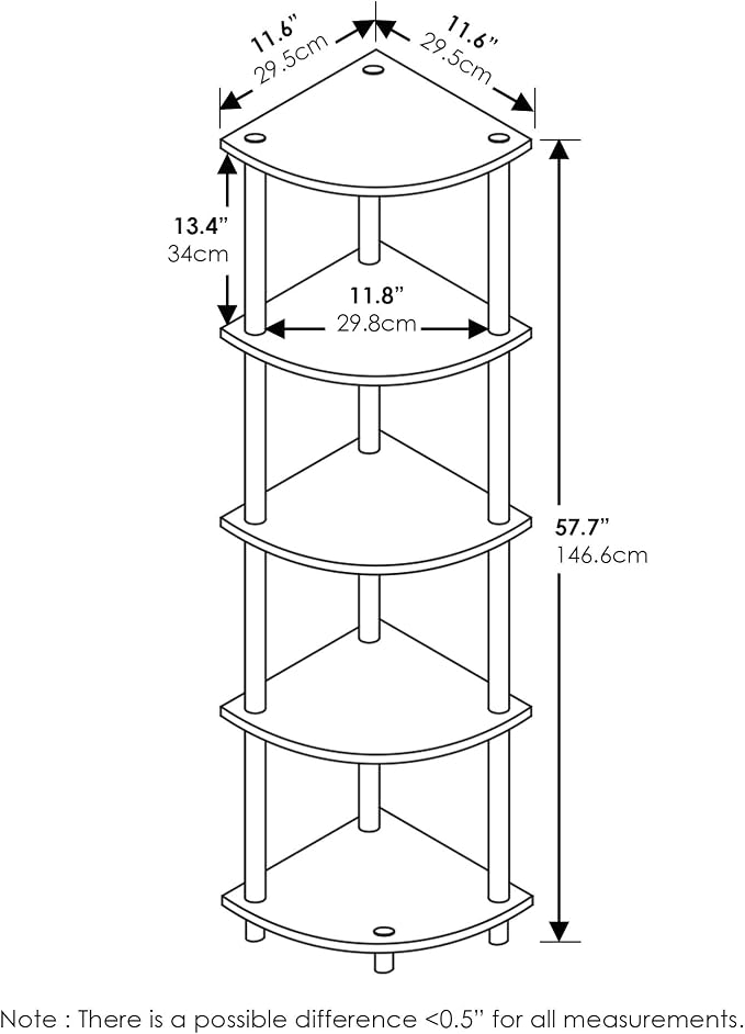 Furinno TURN-N-TUBE Corner Shelf Set of 2, 5-Tier Corner Bookshelf, Open Storage Shelves, for Organization and Storage, Living Room, Home Office, Garage, Columbia Walnut