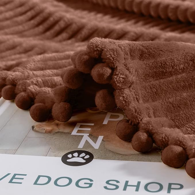 DISSA Fleece Blanket Throw Size – 51x63, Caramel – Soft, Plush, Fluffy, Fuzzy, Warm, Cozy – Perfect Throw for Couch, Bed, Sofa - with Pompom Fringe - Flannel Blanket Throw Blanket