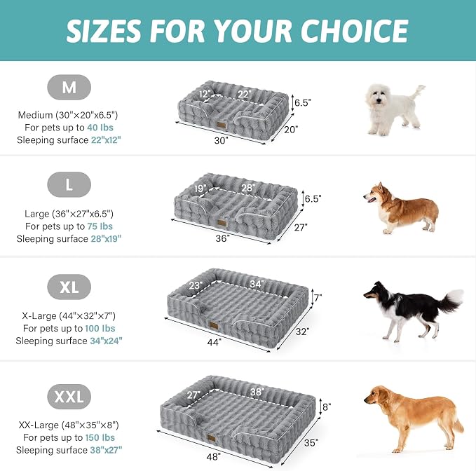 COZY KISS Faux Fur Orthopedic Dog Bed Washable for Extra Large Dogs, XL | Soft Warm Pet Sofa with Sides or Bolster, Non-Slip and Big Dog Couch with Removable Waterproof Cover, 44x32 inch, Grey