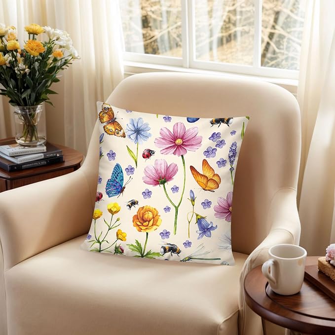 Spring Summer Throw Pillow Covers 18x18 Set of 6, Wildflower Nature Decor | spring summer floral bloom, Standard Throw Pillow Size, Breathable Linen, Neutral flower, Couch Sofa Living Room decor