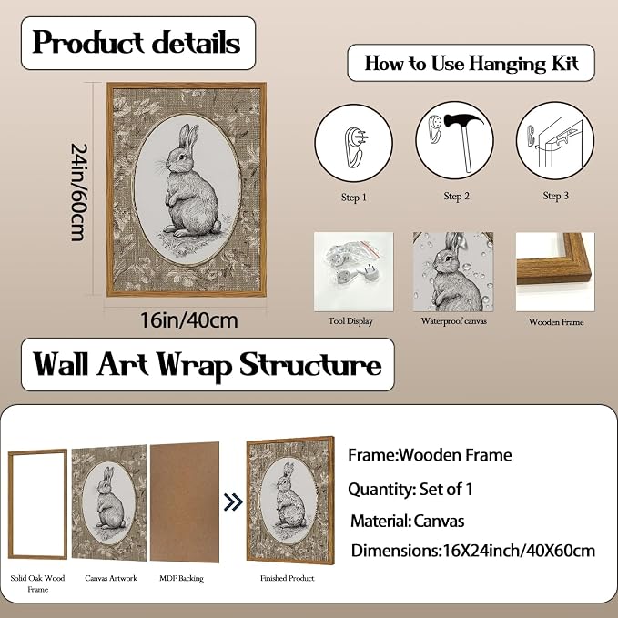 Framed Vintage Rabbit Wall Art, Cute Easter Bunny Pictures Wall Decor, Rustic Farmhouse Animal Paintings Canvas Prints Cottagecore Home Decor for Nursery Living Room Bedroom 16x24 inch