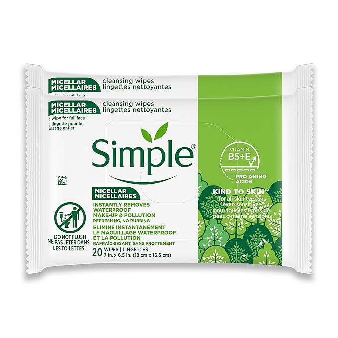Simple Kind To Skin Micellar Makeup Remover Wipes - Face Wipes Instantly Remove Waterproof Makeup - Enriched with Vitamin B5 and E - Vegan - 2 pc