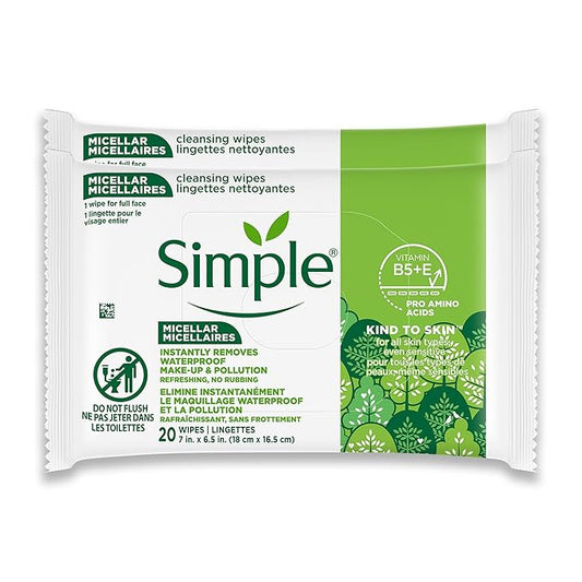 Simple Kind To Skin Micellar Makeup Remover Wipes - Face Wipes Instantly Remove Waterproof Makeup - Enriched with Vitamin B5 and E - Vegan - 2 pc