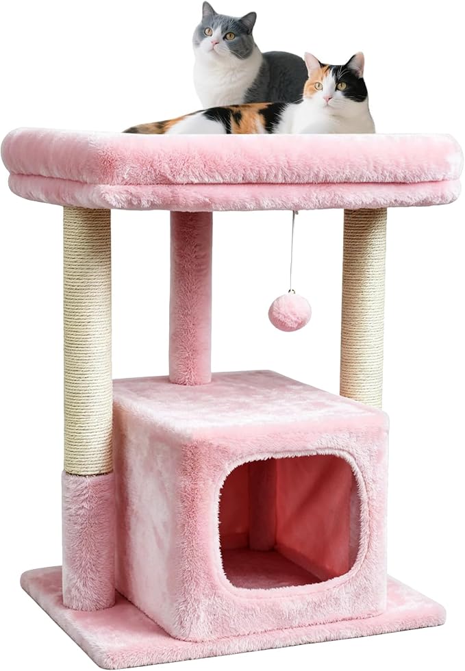 SYANDLVY Pink Cat Tree for Indoor Cats Large Adult, 27" Activity Tower | Scratching Posts, Modern House with Padded Perch, Kittens Condo, Cat Cave, Pink