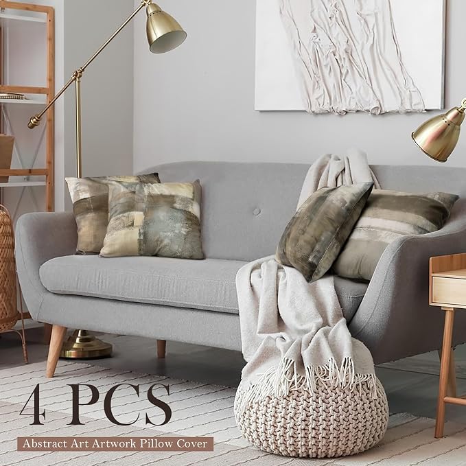 Set of 4 Abstract Throw Pillow Covers 18x18 Brown Tan Gray | Taupe Modern Abstract Art Decorative Cushion Covers, Neutral Pillow Cases for Sofa Couch Bedroom Living Room