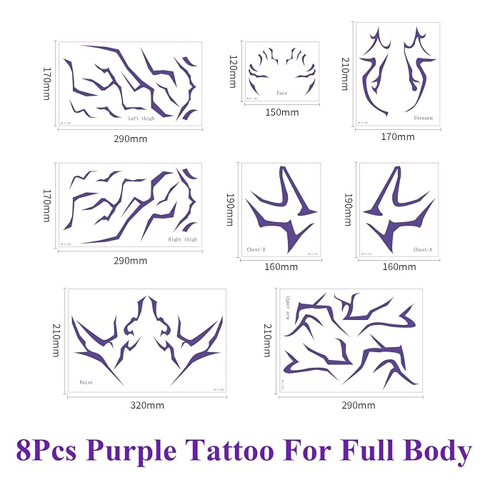 Purple Temporary Tattoo Stickers – 8 PCS Movie Anime Kpop Theme Purple Tattoos Realistic Waterproof Body Art for Cosplay, Halloween, and Party Makeup(For Full Body)