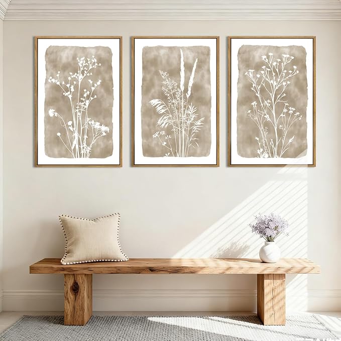 ANHUIB Beige Neutral Floral Canvas Wall Art 16x24 Inch Framed Brown Botanital Wall Decor Large Rustic Farmhouse Wildflower Artwork Boho Vintage Plant Art Prints Set of 3 for Living Room Bedroom Office