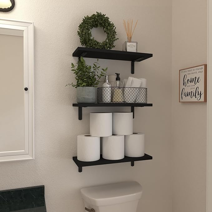 Wood Floating Shelves Set of 6, Shelves for Wall Decor, Farmhouse Shelf for Bedroom, Bathroom Storage Shelves, Book Shelves for Living Room-Black