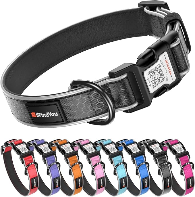 Personalized Dog Collar with QR Code Dog Tag, Oxford Black S | Anti-lost, Oxford, reflective, padded, XS-L(8"-24"), QR buckle shares lost pet profile, location alerts when scanned, No Fees