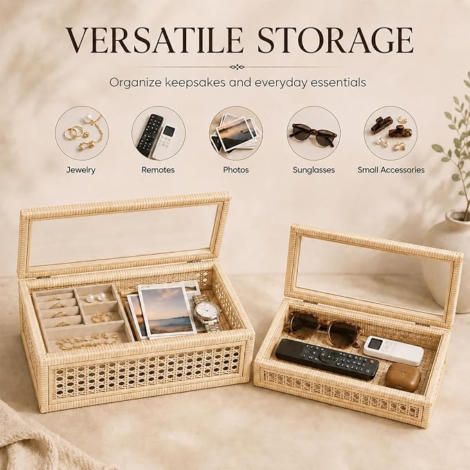 Rattan Decorative Boxes with Glass Lids | Set of 2 Handwoven Wood Display Storage Box for Keepsakes,Shelf Bedroom Coffee Table Home Decor, Boho Style