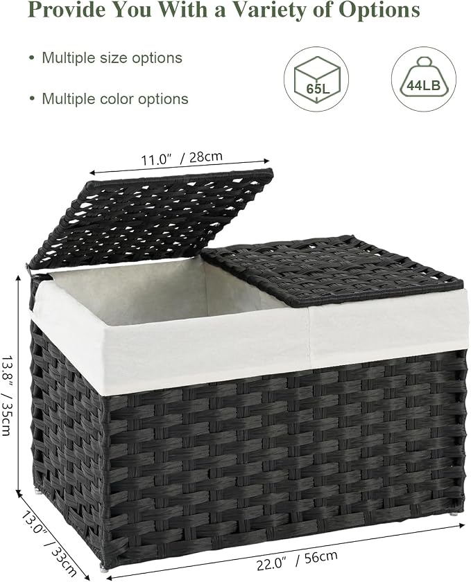 SETVSON Storage Basket with Lid PE Rattan Woven Storage Bins, 65L Black | 65L Storage Bin with 2 Separate Lids, 2 Removable Liner Bags with Divider, Sturdy Metal Frame, Foldable Side Handles