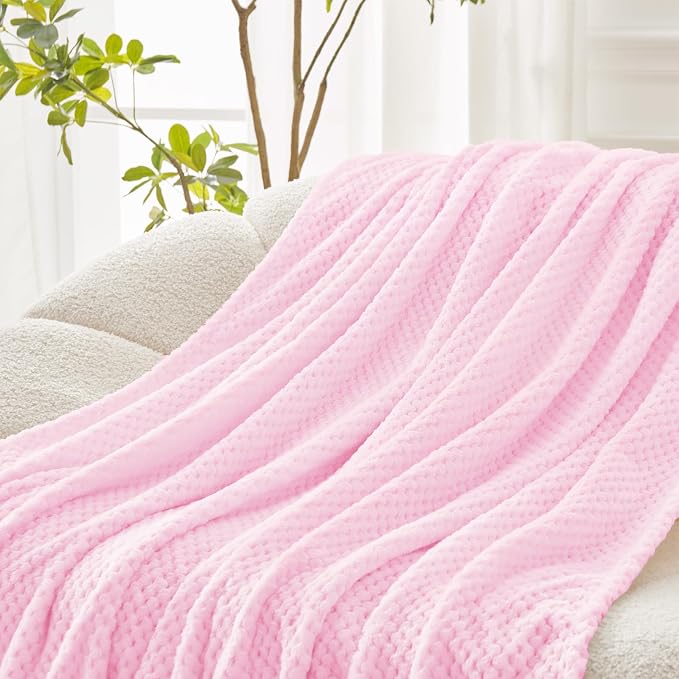 Exclusivo Mezcla Large Waffle Fleece Throw Blanket for Couch, Light Pink | Lightweight Soft Blanket for Sofa, Bed, Living Room, Plush Fluffy Throw for Home Decor, Travel, All Season, 50x70 Inches