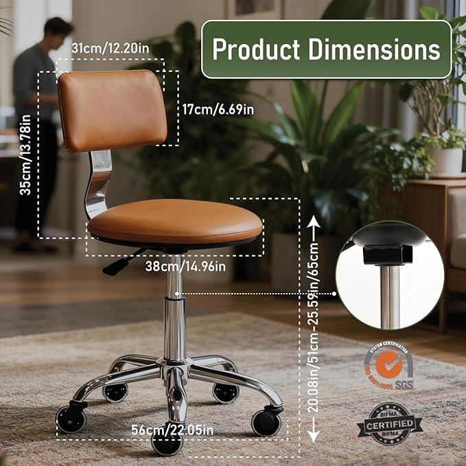 Rolling Stool Chair with Wheels, Height Adjustable Stool with Back Support, Heavy Duty Rolling Shop Chair with PU Leather Seat Cushion for Salon Spa Massage Kitchen Vanity Garage Tattoo Dentist(Camel)