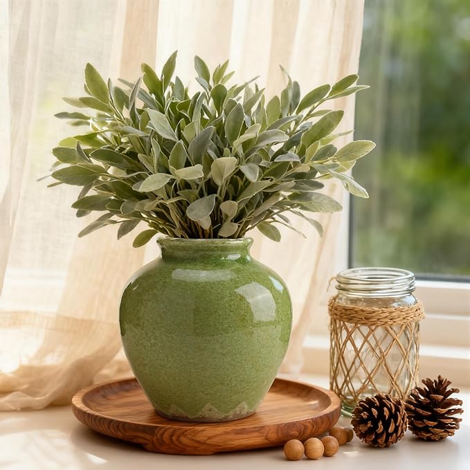Ceramic Flower Vase Home Decor, 6.2 inch Farmhouse Rustic Vintage Decorative Vases, Pottery Terracotta Boho Flowers Vases for Dining Table, Living Room, Shelf, Kitchen, Bedroom (6.2"-Green)
