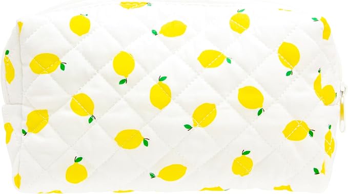 PAZIMIIK Small Quilted Makeup Bag,Zipper Cosmetic Pouch,Lemon White | Lightweight Cosmetic Bag Organizer for Women,Purse Storage Holds Makeup,Toiletries,Skincare,Beauty Essentials,Travel Items