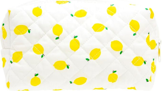 PAZIMIIK Small Quilted Makeup Bag,Zipper Cosmetic Pouch,Lemon White | Lightweight Cosmetic Bag Organizer for Women,Purse Storage Holds Makeup,Toiletries,Skincare,Beauty Essentials,Travel Items