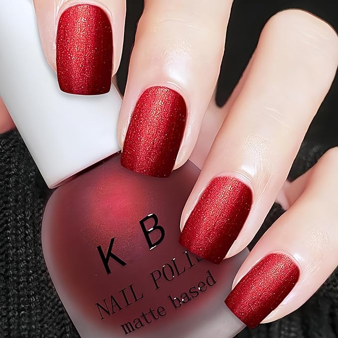 Matte Red Nail Polish Quick Dry, Shimmer Velvet Nail Polish Air Dry, Non Toxic Deep Red Fingernail Color for Women Girls, Ruby Matte Finish