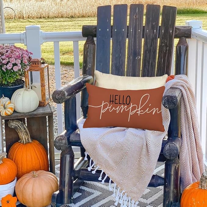 RABUSOFA Fall Pillow Covers 12x20 Inch,Rust Autumn Hello Pumpkin Pillows Decorative Throw Pillows,Lumbar Outdoor Thanksgiving Cushion Cover Farmhosue Fall Decor for Bedroom Couch Sofa