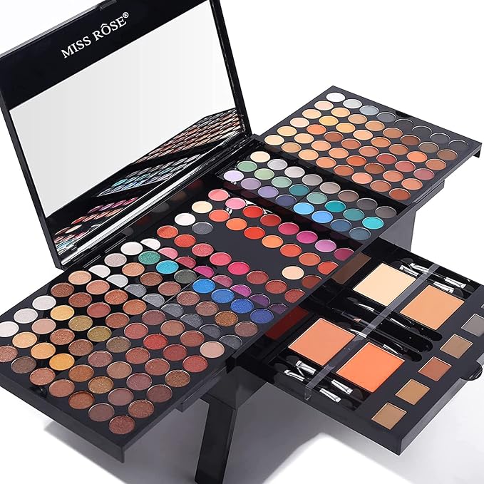 MISS ROSE 190 Colors Cosmetic Make up Piano Box Set,Combination with Eyeshadow /Facial Blusher /Eyebrow Powder /Eyeliner Pencil /Mirror,All-in-1 Makeup Gift Set (Color A)