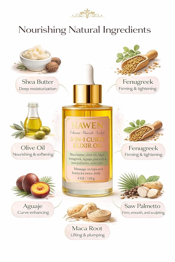 Hips & Buttocks Massage Oil with Fenugreek, Aguaje & Maca Root – Curve Enhancement (8 Ounces)