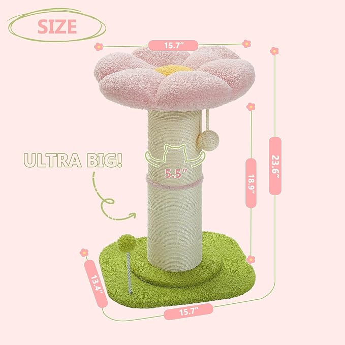 PEQULTI Flower Cat Scratching Post, Super Thick 5.5in Sisal Post, Pink | Small cat & kitten scratcher: removable flower bed, sisal + spring ball, enlarged double base; cute pink flower cat tree