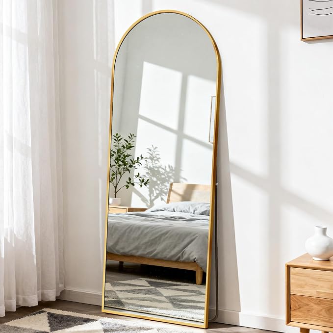 DUMOS 56"x15" Arched Full Length Mirror with Stand, Full Body Floor Mirror | Free Standing or Wall Mount, Nano Glass Aluminum Frame, Hanging or Leaning, Modern Simple Home Decor, Gold