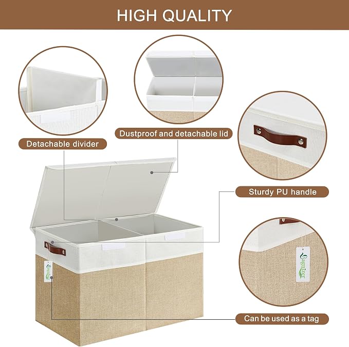 Large Toy Storage Box with Lids, Collapsible Sturdy Baby Storage Organizer Chest Bin Basket for Kids, Boys, Girls, Playroom, Nursery, Bedroom, Closet 25"x13"x16" (Beige and White)