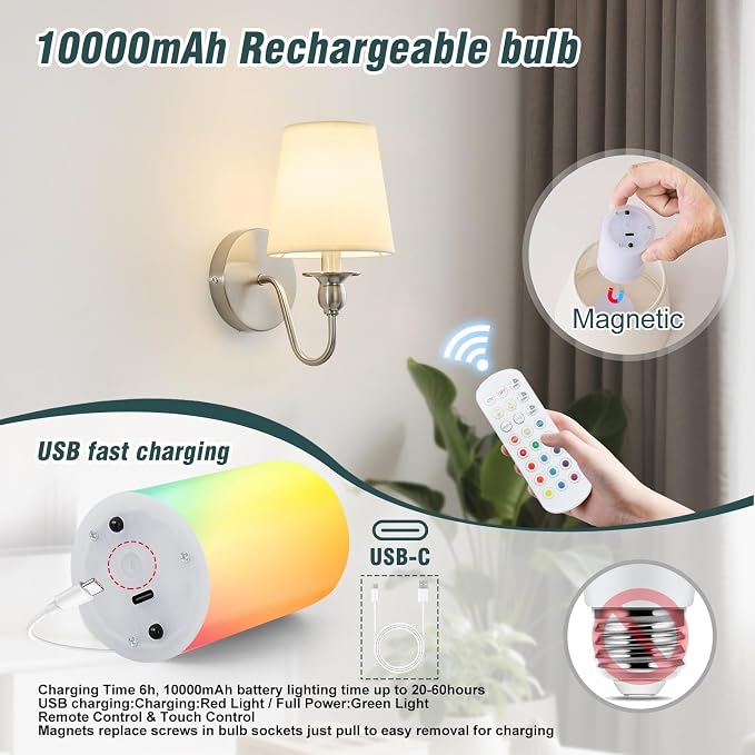 Battery Operated Wall Sconces set of Two,Rechargeable Wall Sconce with 1000mAh Dimmable Bulb and Remote,LED 15 Colors Wireless Battery Powered Wall Sconce with Fabric for Bedroom Living Room (Nickel)