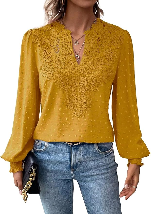 Womens Tops Swiss Dot Boho Long Sleeve Shirts V Neck Casual Chiffon Blouses Flowy Lace Hem Cute Clothing Trendy 2026