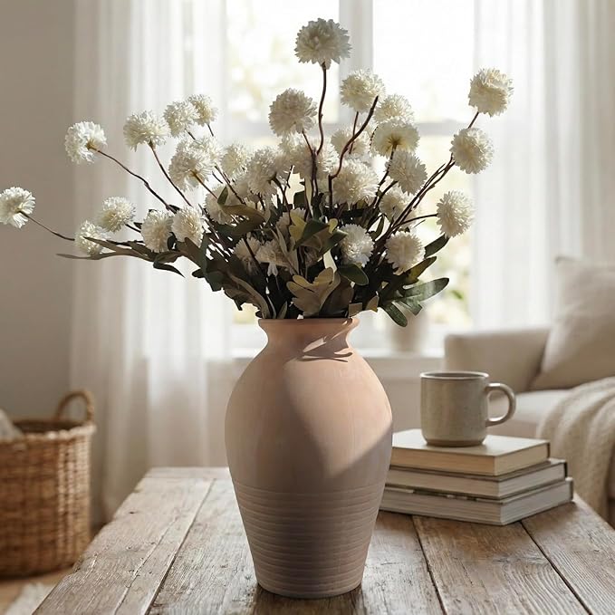 Ceramic Whitewashed Terracotta Farmhouse Vase, 9.2 inch Height, Pottery Decorative Flower Vases,Clay Decorative Vases for Home Decor, Table, Living Room, Shelf, Mantel Decoration (Terracotta White)