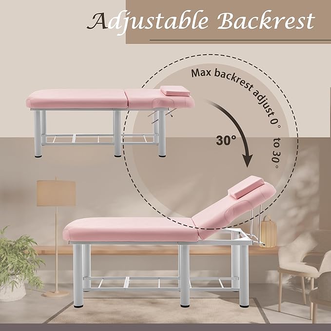 Professional Massage Bed 73 Inch, Treatment Table Salon with Removable Headrest, Stationary Physical Therapy Table Spa Facial with Adjustable Backrest, Steel Frame, Pink