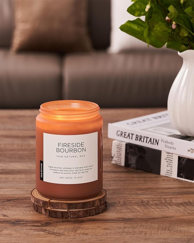 M&SENSE Fireside Bourbon Scented Candles, 2 Wick Jar Candle 19.4oz 110 Hour Long Lasting, Organic Natural Soy Wax Candle for Bedroom Kitchen Home Decor, Warm Housewarming Gifts for Men Women