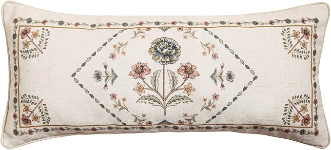 Designer Vintage Linen Throw Pillow Cover,28"x12"-Cornucopia B | Elegant French Rectangle Pillow Cover,Concealed Zipper Design,Floral Pattern,Sofas,Bedroom,Living Room,Lounge Chairs