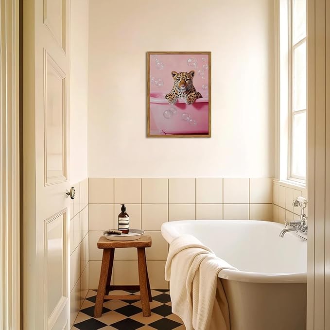 Funny Cheetah Bathroom Wall Art, Pink Leopard in Bathtub Wall Decor Paintings, Cute Animal Bathroom Poster Canvas Prints Maximalist Dopamine Girl Washroom Artwork 12x16 inch Framed