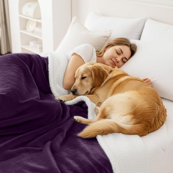 Smiry Waterproof Blanket Throw, Reversible Dog Blanket for Sofa Couch Bed | Soft Leakproof Sherpa Fleece, Washable Furniture Couch Protector for Large Dogs Cats, 40"x60", Dark Purple/White