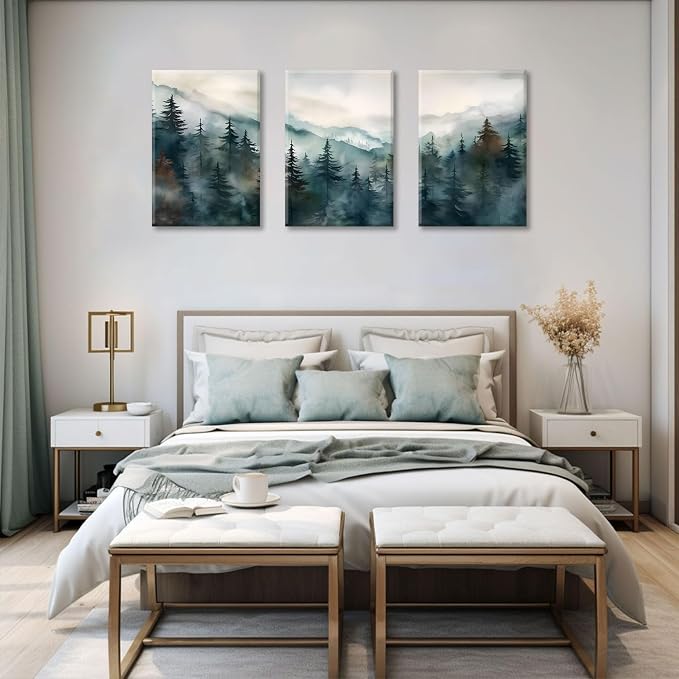 Bwodke Pine Forest Mountain Canvas Wall Art Set of 3, 16x24 inch | Boho Nature Wall Decor, Pine Forest Mountain Landscape Prints, Living Room Bedroom Office Art