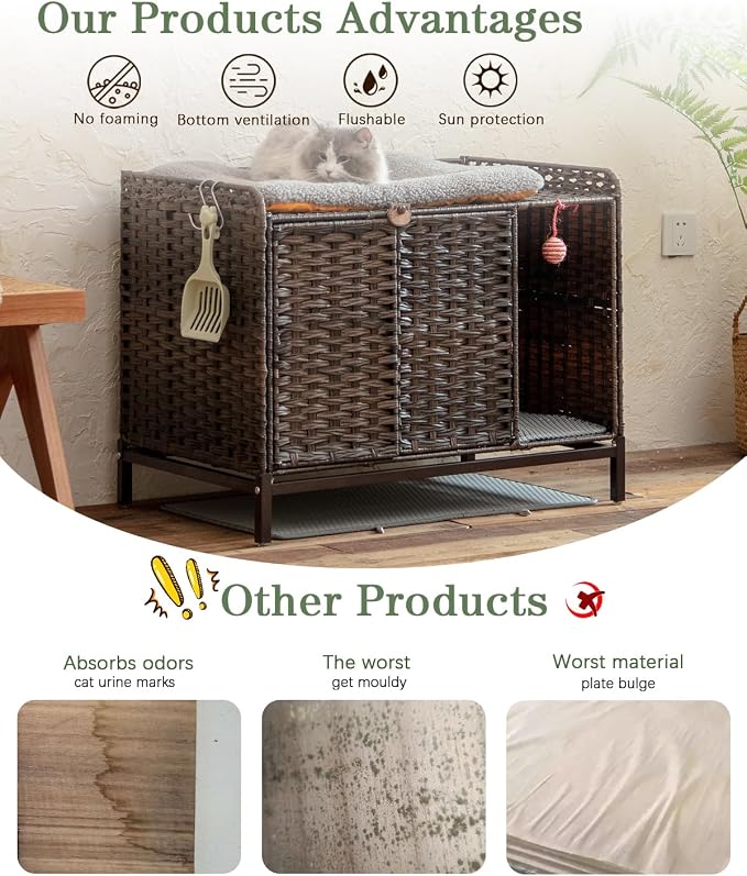 SETVSON Cat Litter Box Enclosure Furniture with Divider, Cat Cabinet, Brown | Handwoven PE Rattan with Soft Litter Mat, 3.54-In Heightened Metal Feet, Spacious & Comfortable, 31.2 x 19.6 x 24.2 In