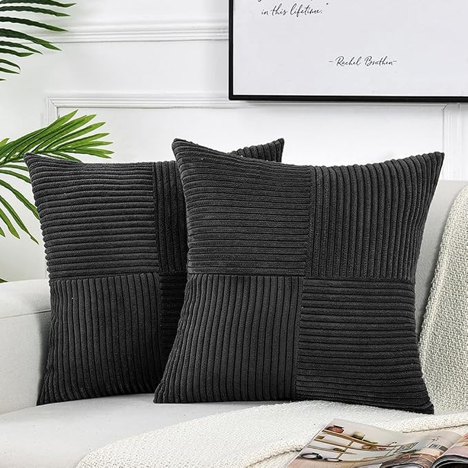 Fancy Homi Black Big Decorative Throw Pillow Covers 24x24 Inch for Living Room Couch Bed Sofa, Rustic Farmhouse Boho Home Decor, Soft Corss Corduroy Patchwork Accent Square Cushion Case 60x60 cm