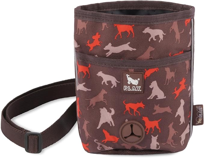 P.L.A.Y. Scout & About Deluxe Training Treat Pouch with Bag Dispenser - 3 Way Wear, Detachable & Adjustable Strap, Reflective Strips, Water-Resistant Back Zipper Pocket, Squeaker (Mocha)
