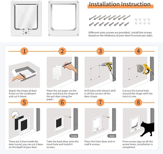 NAMSAN Cat Door Interior Door, White, Flap Opening 7.1" x 7.3", 4 Way Locking Cat Door for Exterior Door, Weatherproof Pet Door for Kitten Small Dogs, Cat Flap Doors for Wooden/Metal Door, Window